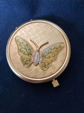 Vintage double sided mirror compact with enameled yellow butterfly